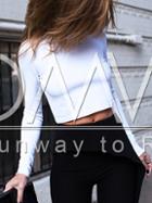 Romwe White Long Sleeve Backless Crop Top