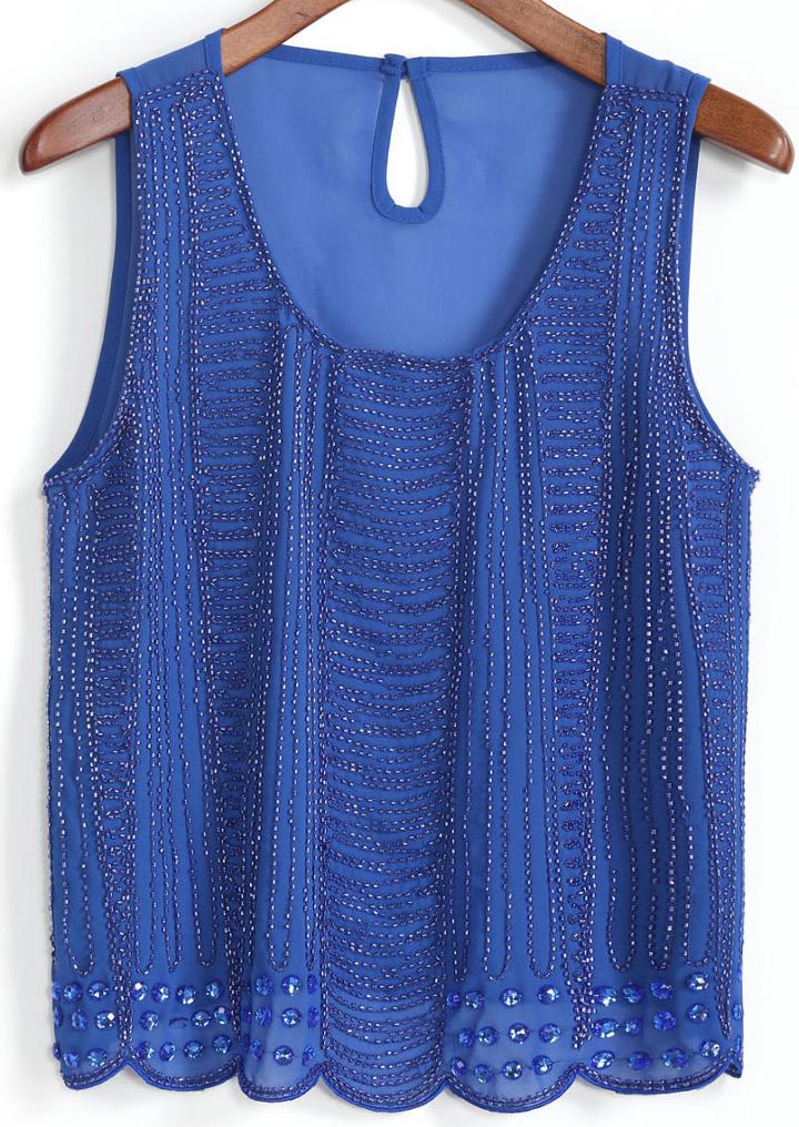 Romwe With Bead Chiffon Blue Tank Top