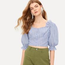 Romwe Crop Buttoned Ruffle Trim Striped Top