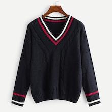 Romwe V Neck Striped Panel Sweater