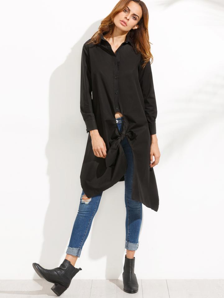 Romwe Black Long Sleeve Knotted Asymmetrical Blouse