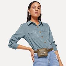 Romwe Corduroy Pocket Decoration Collar Blouse