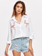 Romwe Embroidered Flamingo Patch Dolphin Hem Shirt