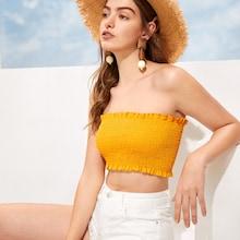 Romwe Shirred Solid Tube Top