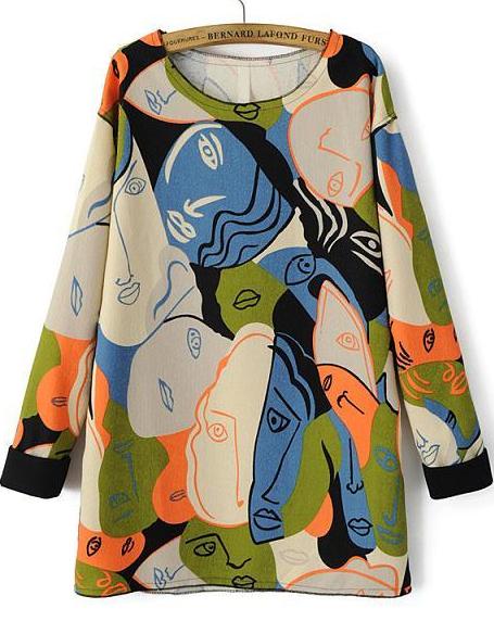 Romwe Faces Print Green Loose Dress
