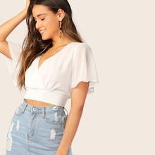 Romwe Surplice Neck Flutter Sleeve Wide Hem Crop Top