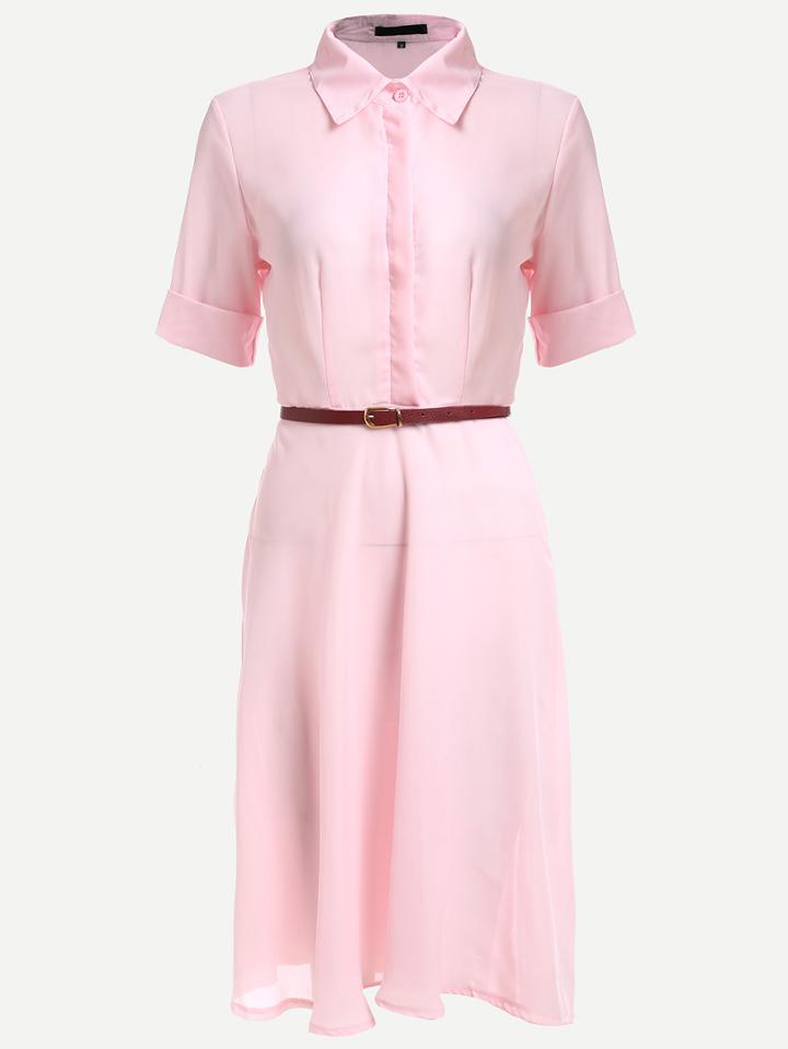 Romwe Pink Cuffed Sleeve Shirt Dress With Belt
