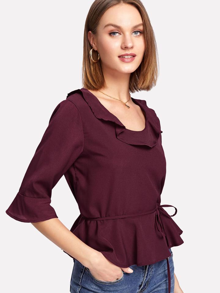 Romwe Fluted Sleeve Self Tie Waist Top