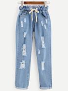 Romwe Blue Distressed Roll Hem Drawstring Jeans