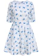 Romwe Half Sleeve Bow Print Blue Dress
