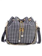 Romwe Houndstooth Chain Drawstring Canvas Bucket Bag