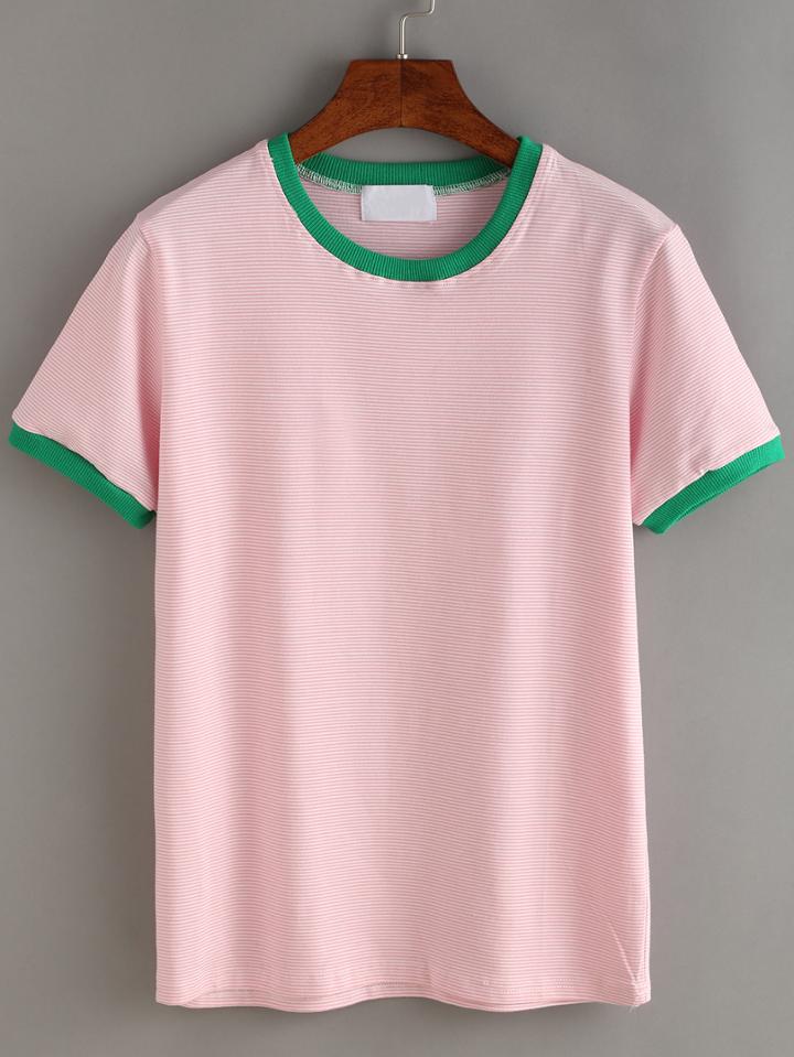 Romwe Contrast Trim Striped T-shirt