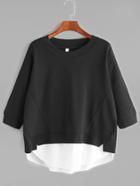 Romwe Black Contrast 3/4 Sleeve Loose T-shirt