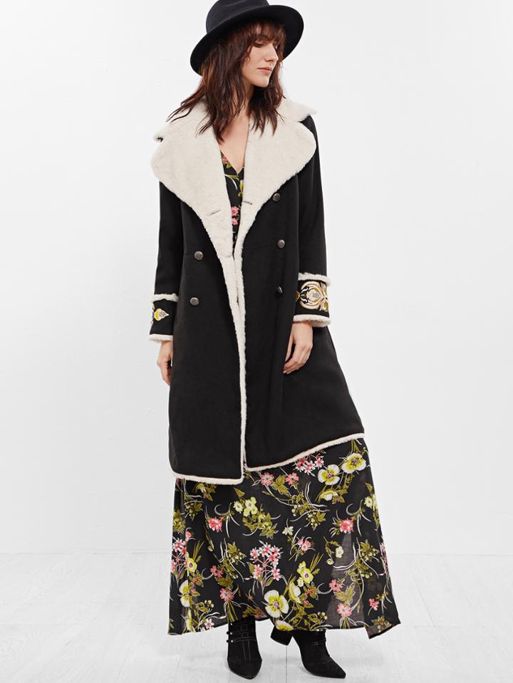 Romwe Black Contrast Fleece Lined Double Breasted Embroidered Coat
