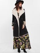 Romwe Black Contrast Fleece Lined Double Breasted Embroidered Coat