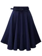 Romwe Navy Denim Flared Mid Skirt With Belt