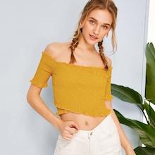 Romwe Shirred Crossover Off Shoulder Blouse