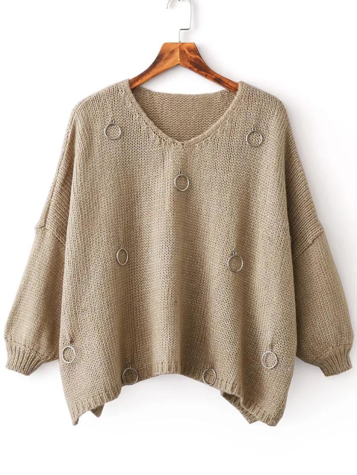Romwe Khaki Ring Embellished V Neck Slit Drop Shoulder Sweater