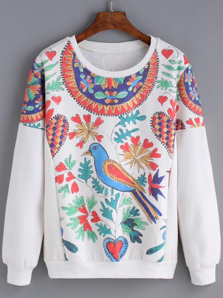 Romwe Round Neck Bird Print Thicken Sweatshirt