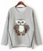 Romwe Owl Pattern Loose Zipper Grey Sweatshirt