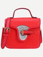 Romwe Faux Ostrich Leather Handbag With Strap - Red