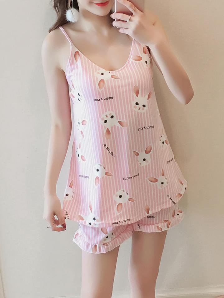 Romwe Cartoon Print Striped Cami & Frill Trim Shorts Pj Set
