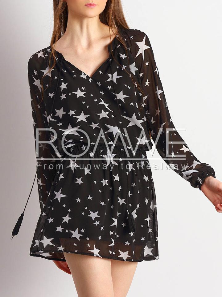 Romwe Black Stars Print Organza Dress