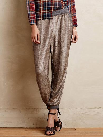 Romwe Women Gold Sequin Elastic Waist Casual Pants