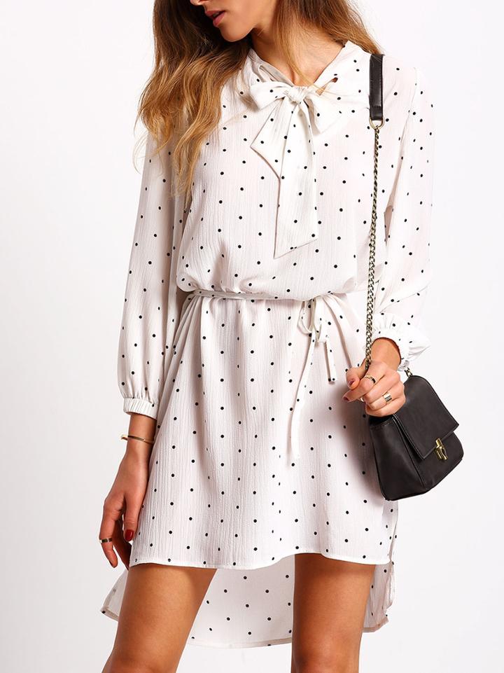 Romwe White Bow Collar Polka Dot High Low Dress