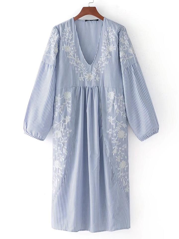 Romwe Flower Embroidery Drop Shoulder Seam Dress