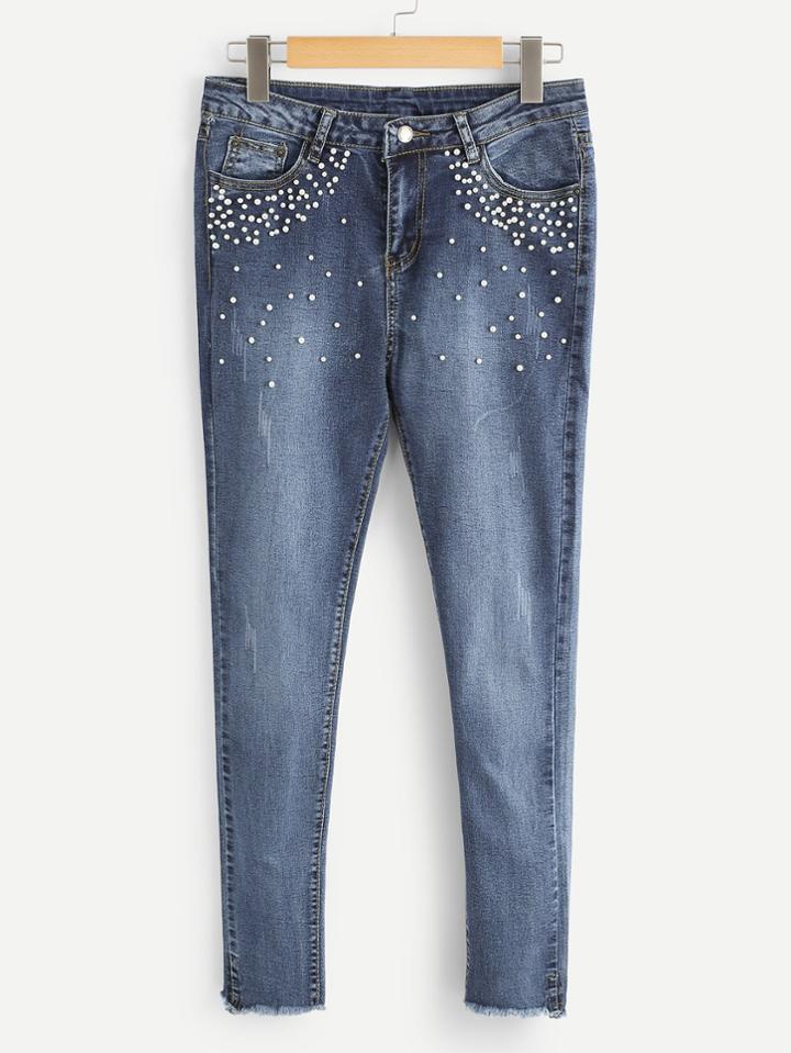 Romwe Faux Pearl Beading Raw Hem Jeans