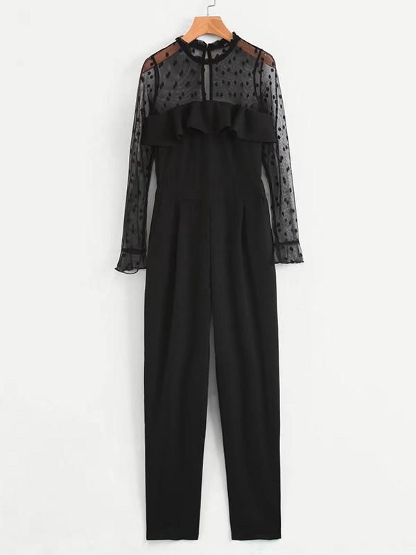 Romwe Flounce Detail Mesh Panel Polka Dot Jumpsuit