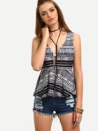 Romwe Black White Abstract Print Buttoned V Neck Tank Top