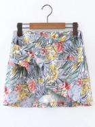 Romwe Flower Print Overlap Front Skirt