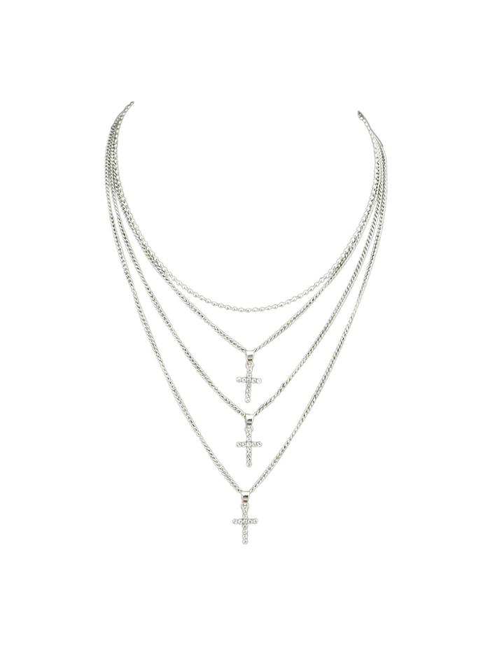 Romwe Multilayers Silver Color Chain Rhinestone Cross Pendant Necklaces
