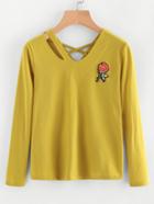 Romwe Cut Out Neck Rose Patch Criss Cross Tee