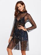 Romwe Embroidered Mesh See Through Cover Up