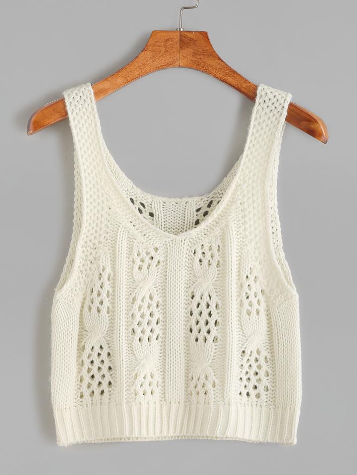 Romwe Beige Eyelet Cable Knit Crop Tank Top