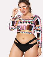 Romwe Cutout Crop Geometric Rash Guard Swimsuit