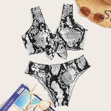 Romwe Snakeskin Lettuce Trim Tie Front Bikini Set