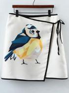 Romwe White Bird Print Contrast Trims Skirt