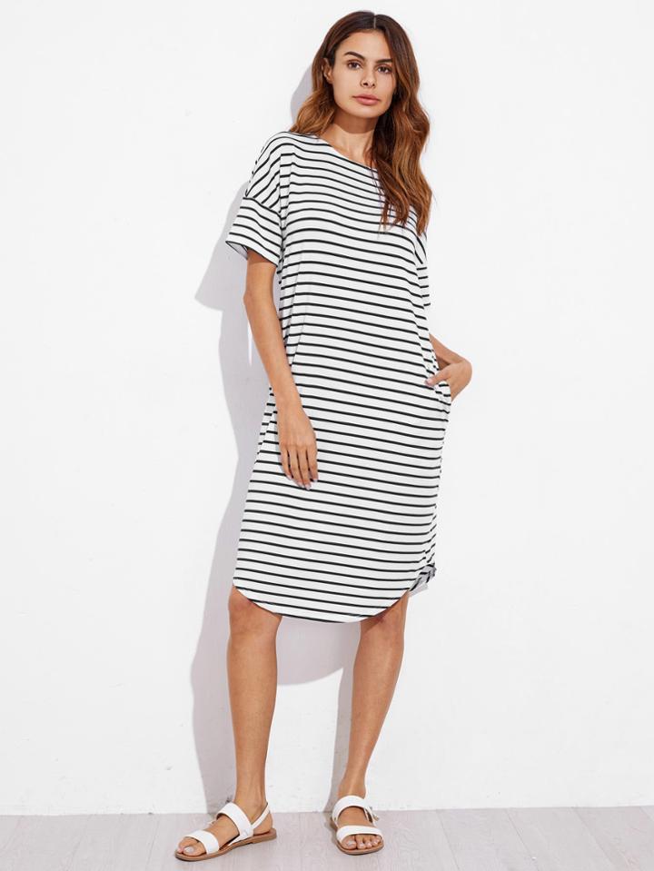 Romwe Curve Hem Striped Tee Dress