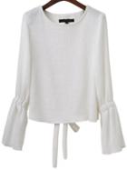 Romwe White Open Back Bell Sleeve Blouse With Tie