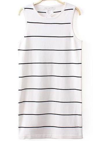 Romwe White Sleeveless Striped Knit Tank Dress
