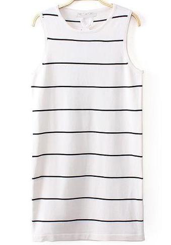 Romwe White Sleeveless Striped Knit Tank Dress