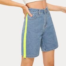 Romwe Tape Panel Button And Pocket Detail Denim Shorts