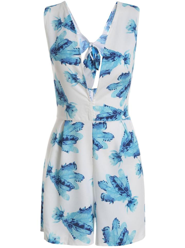Romwe Deep V Neck With Bow Flower Print Romper