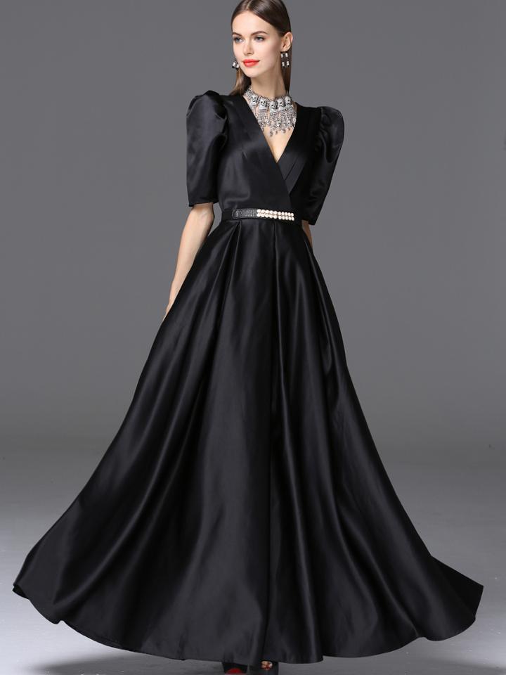 Romwe Black V Neck Backless Half Sleeve Drawstring Dress