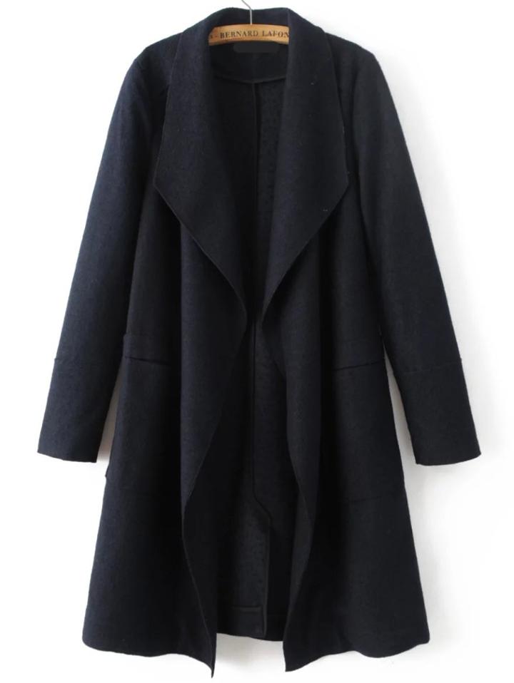 Romwe Black Waterfall Collar Wool Blend Coat