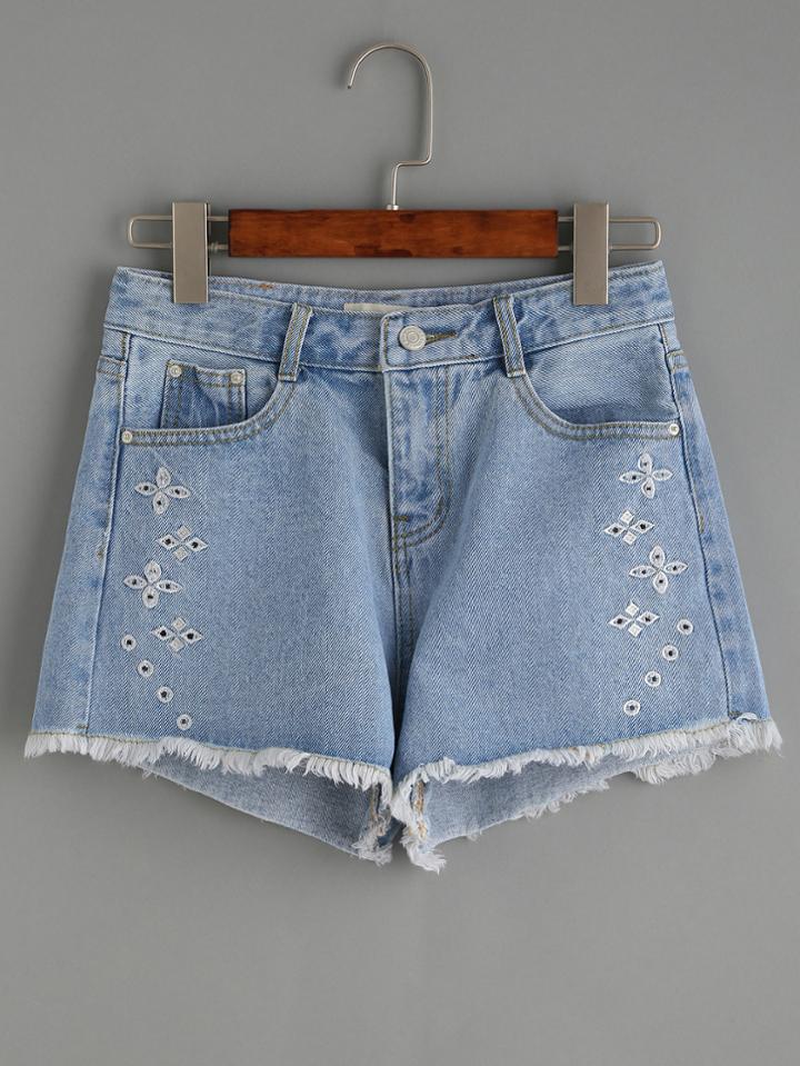 Romwe Blue Embroidered Frayed Denim Shorts